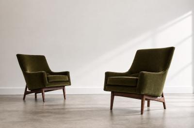Jens Risom Lounge Chairs Model 2136 by Jens Risom in Velvet and Walnut C 1950s