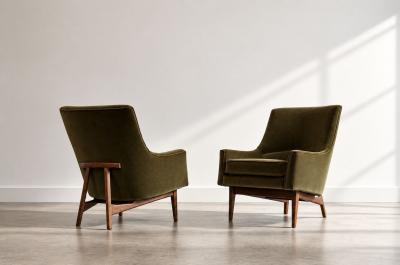 Jens Risom Lounge Chairs Model 2136 by Jens Risom in Velvet and Walnut C 1950s