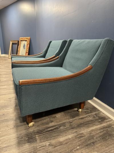 Jens Risom MID CENTURY ORIGINAL TEAL UPHOLSTERY ARMCHAIRS ON CASTER WHEELS