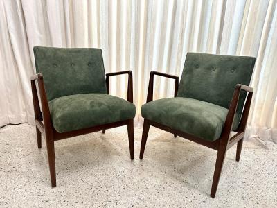Jens Risom Original Vintage Jens Risom Armchairs in Green Suede w Label PAIR