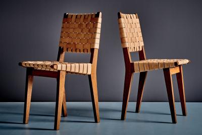 Jens Risom Pair of Jens Risom Oak Chairs with Leather Webbing for Knoll