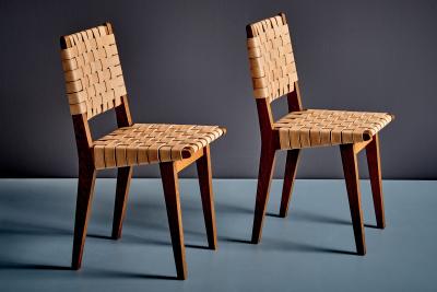 Jens Risom Pair of Jens Risom Oak Chairs with Leather Webbing for Knoll