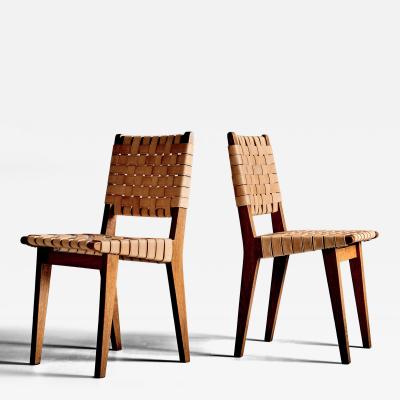 Jens Risom Pair of Jens Risom Oak Chairs with Leather Webbing for Knoll