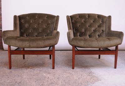 Jens Risom Pair of Jens Risom Walnut Floating Lounge Chairs in Olive Velvet