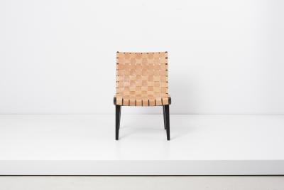 Jens Risom Pair of Leather Webbed Lounge Chair with Ottoman Jens Risom for Vostra