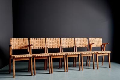 Jens Risom Rare Oak Jens Risom Set of six Webbed Knoll Chairs in Leather Webbing
