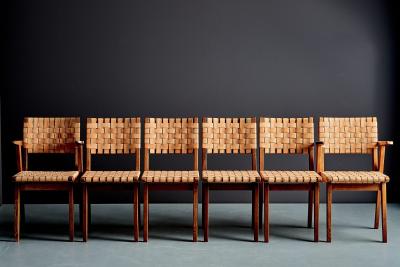 Jens Risom Rare Oak Jens Risom Set of six Webbed Knoll Chairs in Leather Webbing