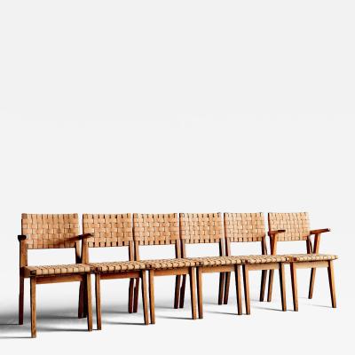 Jens Risom Rare Oak Jens Risom Set of six Webbed Knoll Chairs in Leather Webbing