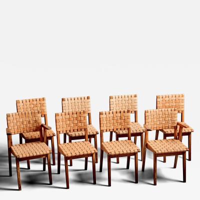 Jens Risom Rare Set of eight Oak Chairs by Jens Risom for Knoll with Leather Webbing