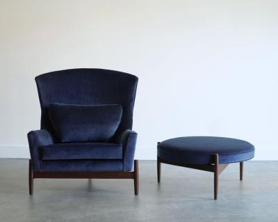 Jens Risom The Big Chair and Ottoman by Jens Risom in Navy Blue Velvet C 1950s