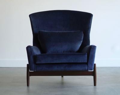 Jens Risom The Big Chair and Ottoman by Jens Risom in Navy Blue Velvet C 1950s