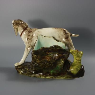 Jerome Massier Fils Majolica Hunting Dog Vase