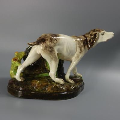 Jerome Massier Fils Majolica Hunting Dog Vase