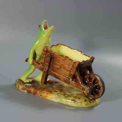 Jerome Massier Majolica Frog with Wheelbarrow