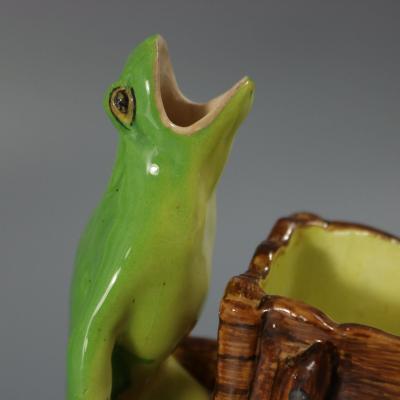 Jerome Massier Majolica Frog with Wheelbarrow