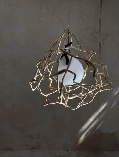 Jerome Pereira French Contemporary Planck Sculpted Oak Blown Glass Lighting