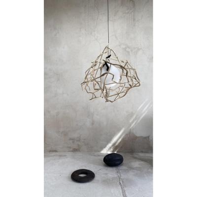 Jerome Pereira French Contemporary Planck Sculpted Oak Blown Glass Lighting