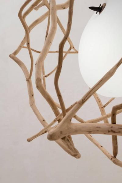 Jerome Pereira French Contemporary Planck Sculpted Oak Blown Glass Lighting