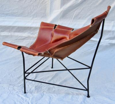 Jerry Johnson Wrought Iron Jerry Johnson Leather Sling Lounge Chair for Leather Crafters 1960