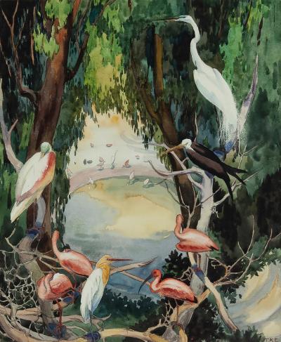Jessie Arms Botke Birds at a waterhole Flamingos Swans Egrets