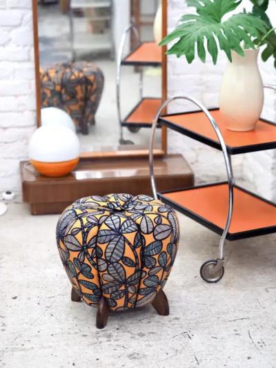Jindrich Halabala Up to 3 Art Deco Jindrich Halabala Stool Leaf Pattern Pouf Ottoman 1930s