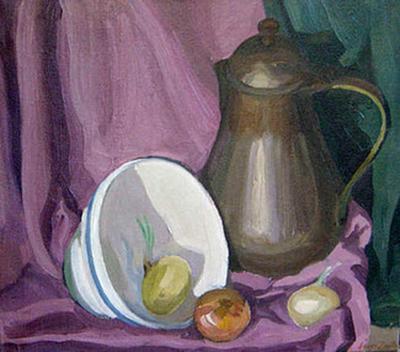 Jirayr Hamparzoom Zorthian Still LIfe in Pink with Pitcher and Onions 