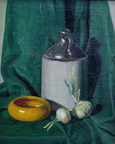 Jirayr Hamparzoom Zorthian Still Life in Green with Jug Bowl and Garlic 