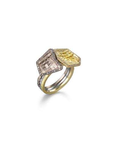 Jo Hayes Ward Brilliant White Diamond Reflective Yellow Gold Hex Stratus Ring Jo Hayes Ward