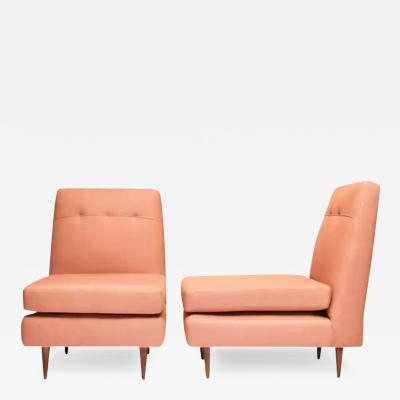 Joaquim Tenreiro Brazilian Modern Armchairs in Hardwood Salmon Linen by Joaquim Tenreiro 1958