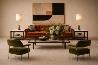 Joaquim Tenreiro Brazilian Modern Pair of Armchairs in Aged Brass Olive Green Mohair