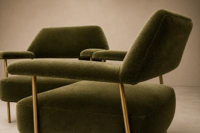 Joaquim Tenreiro Brazilian Modern Pair of Armchairs in Aged Brass Olive Green Mohair