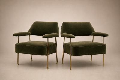 Joaquim Tenreiro Brazilian Modern Pair of Armchairs in Aged Brass Olive Green Mohair