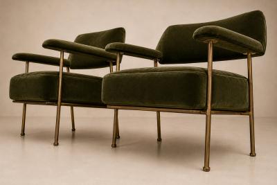 Joaquim Tenreiro Brazilian Modern Pair of Armchairs in Aged Brass Olive Green Mohair