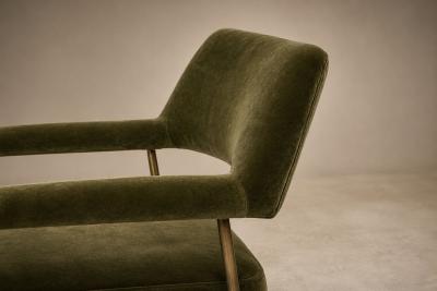 Joaquim Tenreiro Brazilian Modern Pair of Armchairs in Aged Brass Olive Green Mohair