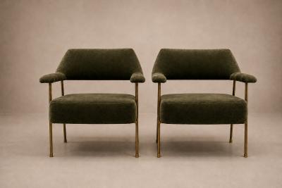 Joaquim Tenreiro Brazilian Modern Pair of Armchairs in Aged Brass Olive Green Mohair