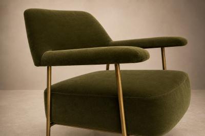 Joaquim Tenreiro Brazilian Modern Pair of Armchairs in Aged Brass Olive Green Mohair