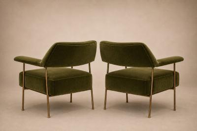 Joaquim Tenreiro Brazilian Modern Pair of Armchairs in Aged Brass Olive Green Mohair