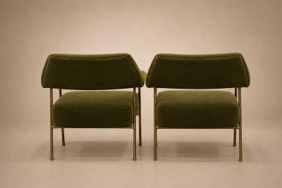 Joaquim Tenreiro Brazilian Modern Pair of Armchairs in Aged Brass Olive Green Mohair