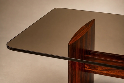 Joaquim Tenreiro Joaquim Tenreiro Dining Table in Rosewood Veneer and Bronze Smoked Glass