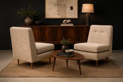 Joaquim Tenreiro Pair of L Lounge Chairs in Hardwood Chenille by Joaquim Tenreiro