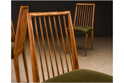 Joaquim Tenreiro Set of 6 Dining Chairs by Joaquim Tenreiro in Cavi na Wood Olive Green Mohair