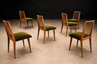 Joaquim Tenreiro Set of 6 Dining Chairs by Joaquim Tenreiro in Cavi na Wood Olive Green Mohair