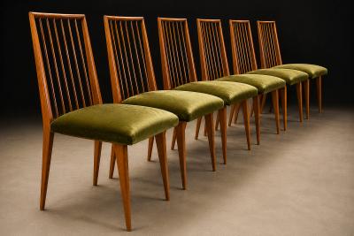 Joaquim Tenreiro Set of 6 Dining Chairs by Joaquim Tenreiro in Cavi na Wood Olive Green Mohair