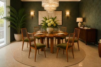 Joaquim Tenreiro Set of 6 Dining Chairs by Joaquim Tenreiro in Cavi na Wood Olive Green Mohair