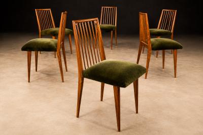 Joaquim Tenreiro Set of 6 Dining Chairs by Joaquim Tenreiro in Cavi na Wood Olive Green Mohair