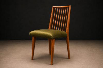 Joaquim Tenreiro Set of 6 Dining Chairs by Joaquim Tenreiro in Cavi na Wood Olive Green Mohair