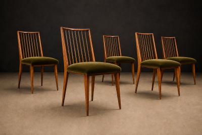 Joaquim Tenreiro Set of 6 Dining Chairs by Joaquim Tenreiro in Cavi na Wood Olive Green Mohair