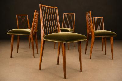 Joaquim Tenreiro Set of 6 Dining Chairs by Joaquim Tenreiro in Cavi na Wood Olive Green Mohair