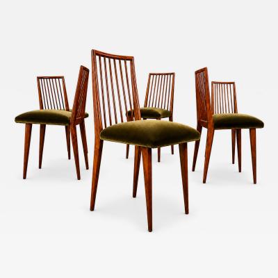 Joaquim Tenreiro Set of 6 Dining Chairs by Joaquim Tenreiro in Cavi na Wood Olive Green Mohair