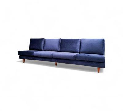 Joaquim Tenreiro Sofa in Hardwood Loose Cushions in Blue Fabric Joaquim Tenreiro 1950s